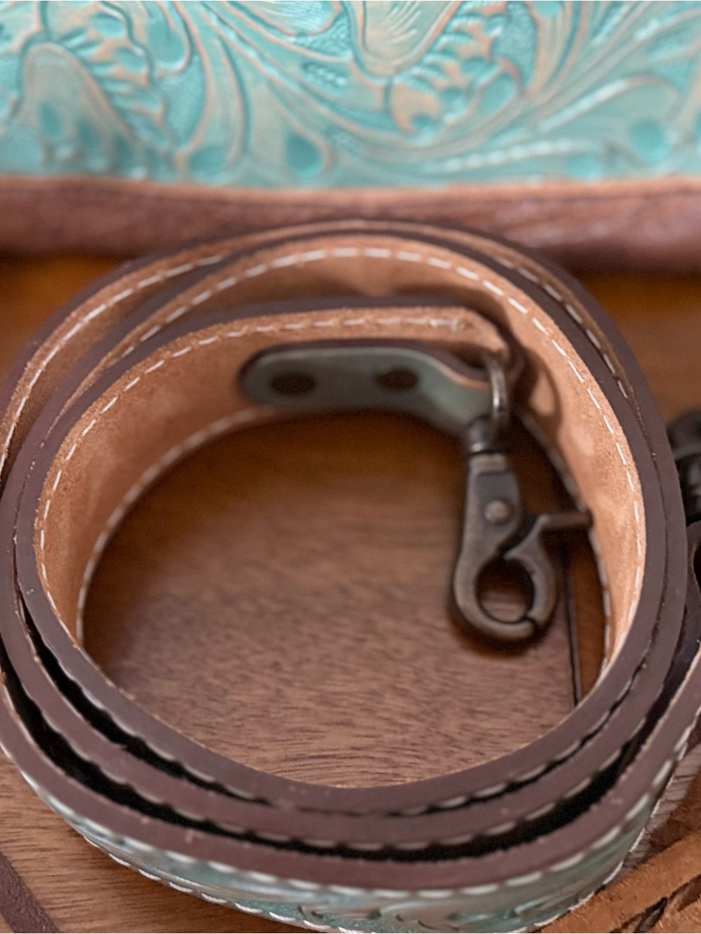 American Darling Turquoise Tooled Leather Fringe Crossbody with Brown Accents - Picture 4 of 15
